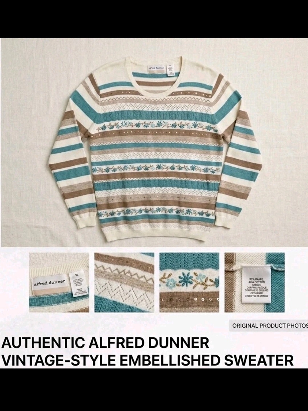 Alfred Dunner Teal, Cream & Brown Striped Embellished Sweater